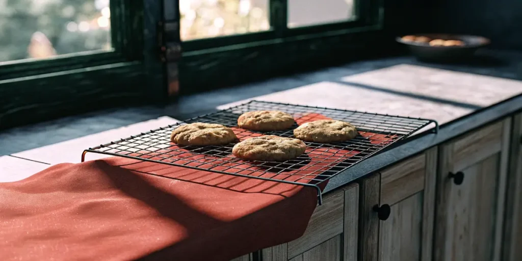 Cannabis cookies cooling on a wire rack by a sunlit kitchen window