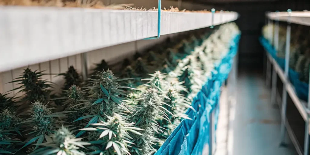 Cannabis plants drying on racks inside an indoor facility with controlled airflow and lighting.