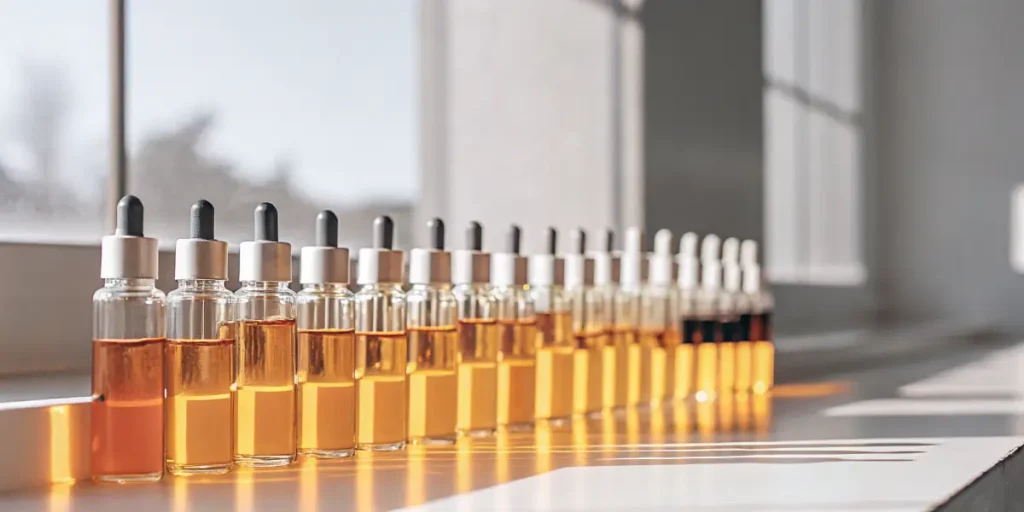 Cannabis extract dropper bottles arranged in a row for quality testing