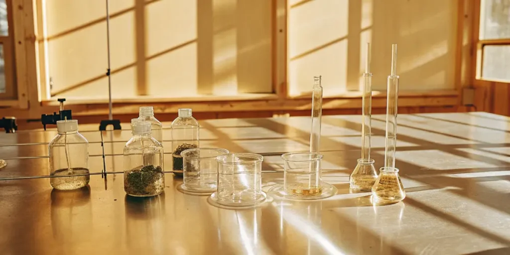 A detailed view of cannabis extraction equipment displayed on a lab bench, showcasing glass bottles, beakers, and flasks used in cannabinoid processing and scientific experimentation.