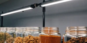 Cannabis extracts stored in glass jars on a laboratory shelf under fluorescent lighting in a controlled environment.