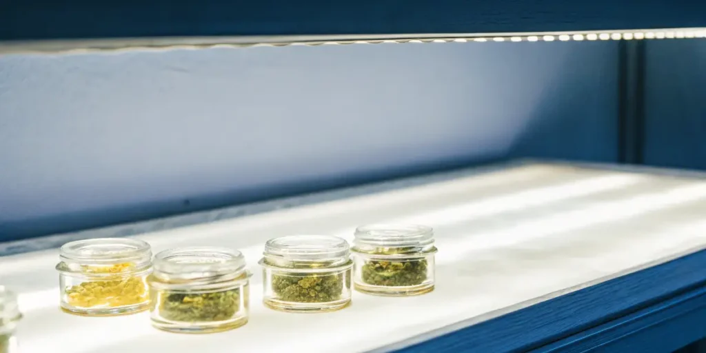 Small glass jars containing cannabis extracts placed under LED lighting on a clean laboratory shelf.