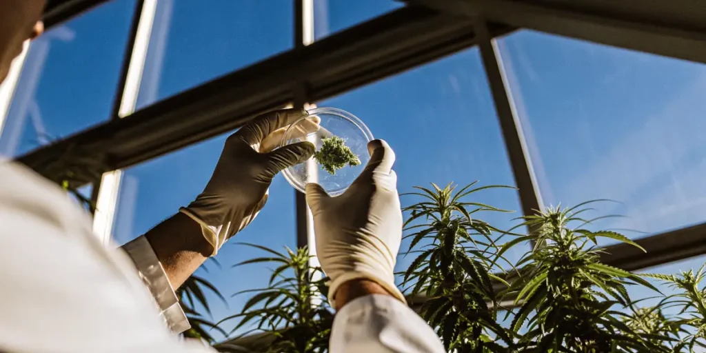 Scientist analyzing a cannabis flower sample in a petri dish inside a greenhouse laboratory