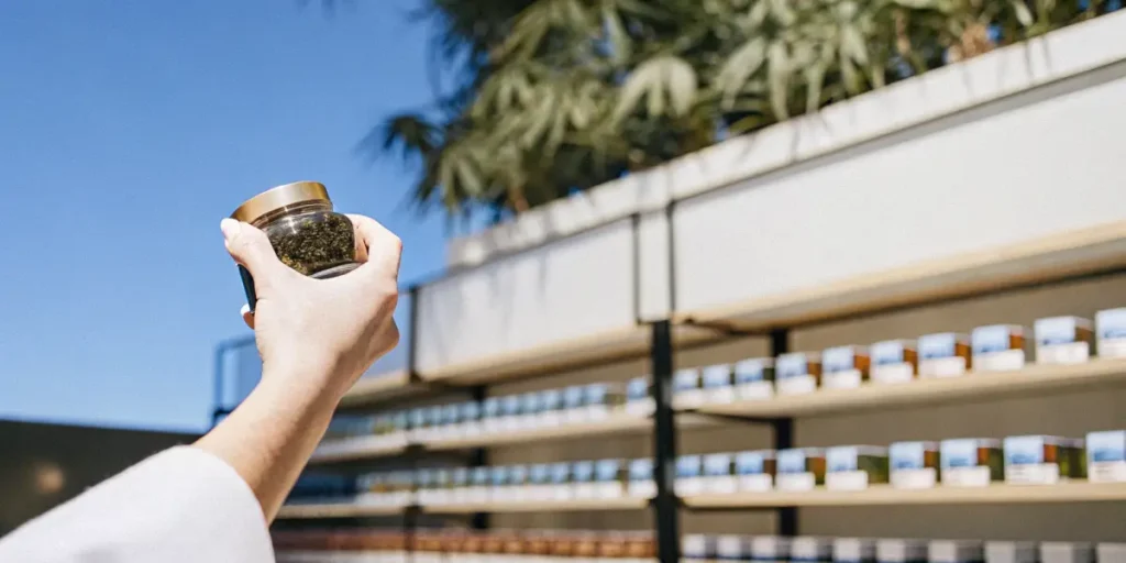 Hand holding a sealed glass jar containing cannabis flower during outdoor quality control and storage inspection.