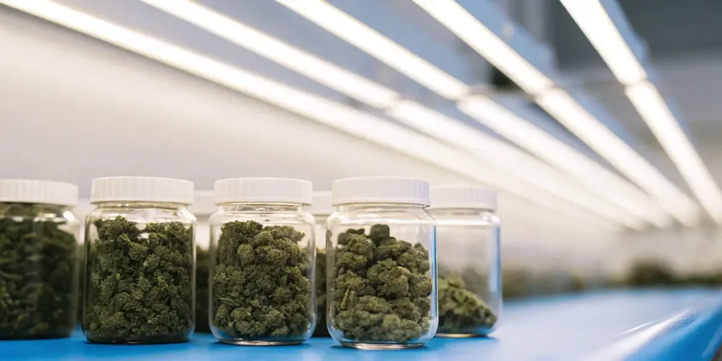 Cannabis flower buds stored in sealed glass jars inside a laboratory with linear LED lighting overhead.