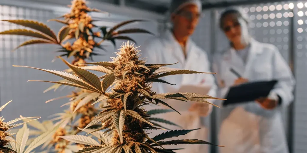 A mature cannabis plant in the flowering stage growing indoors while laboratory technicians conduct quality control and cultivation monitoring under controlled conditions.
