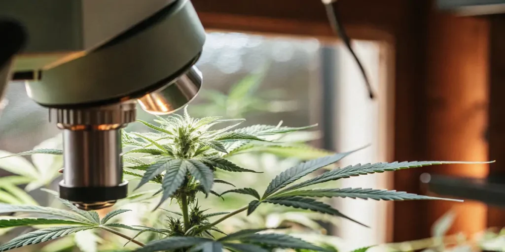 Flowering cannabis plant analyzed under a microscope to observe bud development and leaf details.