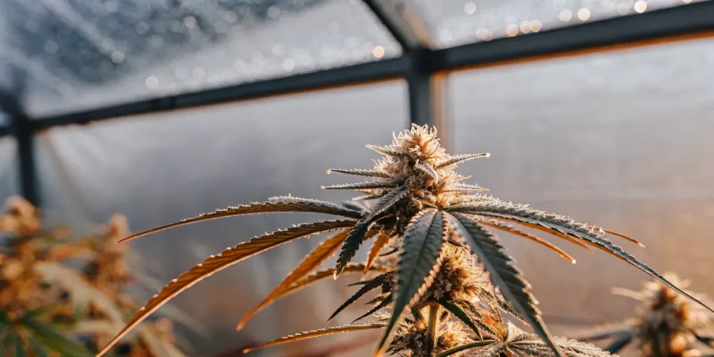 Cannabis plant in flowering stage inside greenhouse with warm sunset light on resinous buds