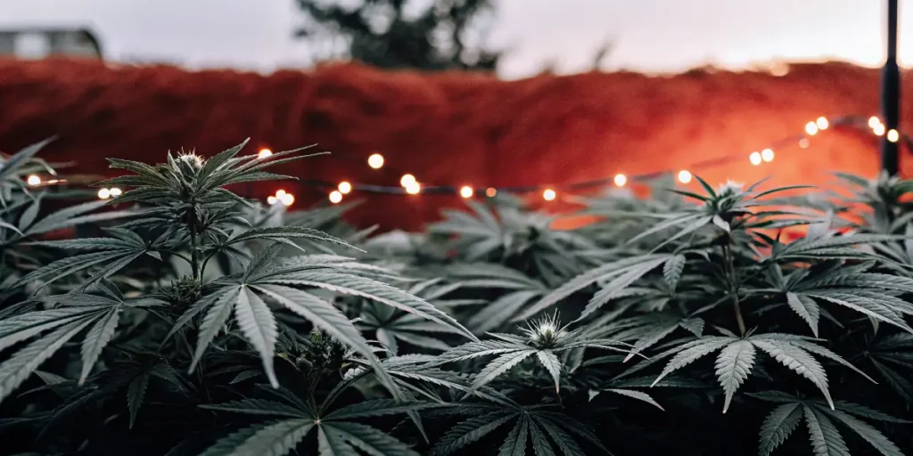 Dense cannabis garden illuminated by string lights during nighttime flowering.