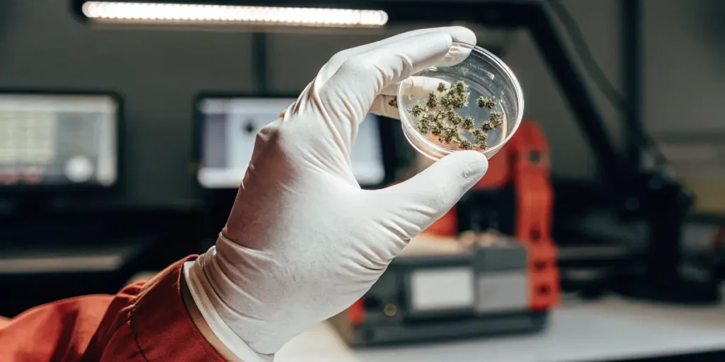 Cannabis genetic samples examined in a petri dish during advanced laboratory testing.
