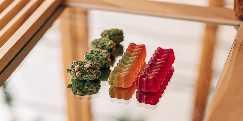 Assorted cannabis gummies in red and yellow tones next to frosted cannabis buds displayed on a reflective glass table.