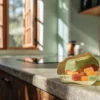Cannabis gummy edibles in assorted orange and green colors spilling from a small paper bag onto a modern kitchen counter with sunlight streaming through wooden windows.