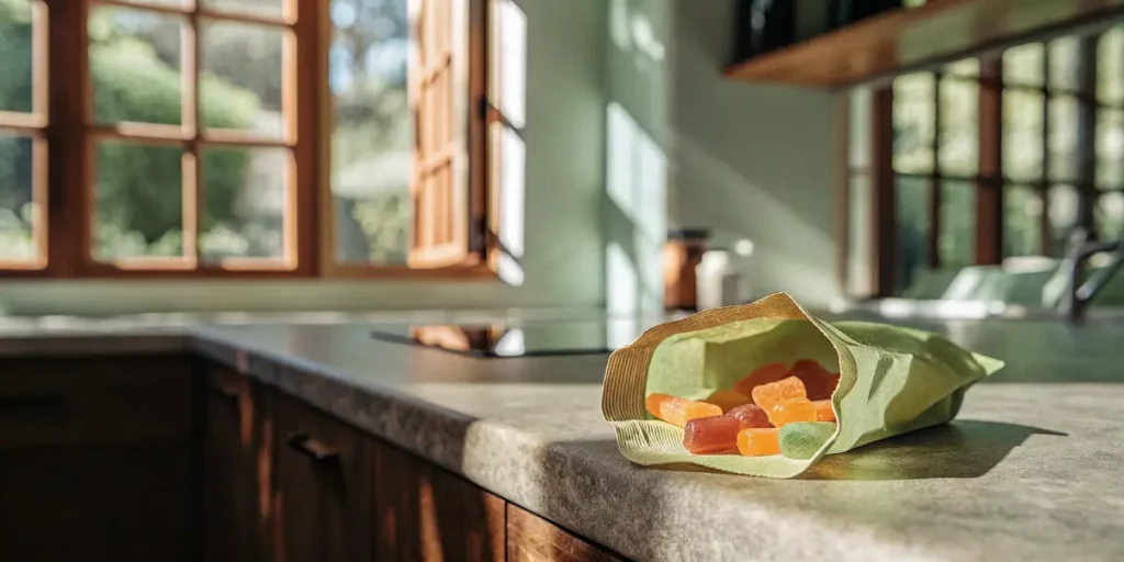 Cannabis gummy edibles in assorted orange and green colors spilling from a small paper bag onto a modern kitchen counter with sunlight streaming through wooden windows.