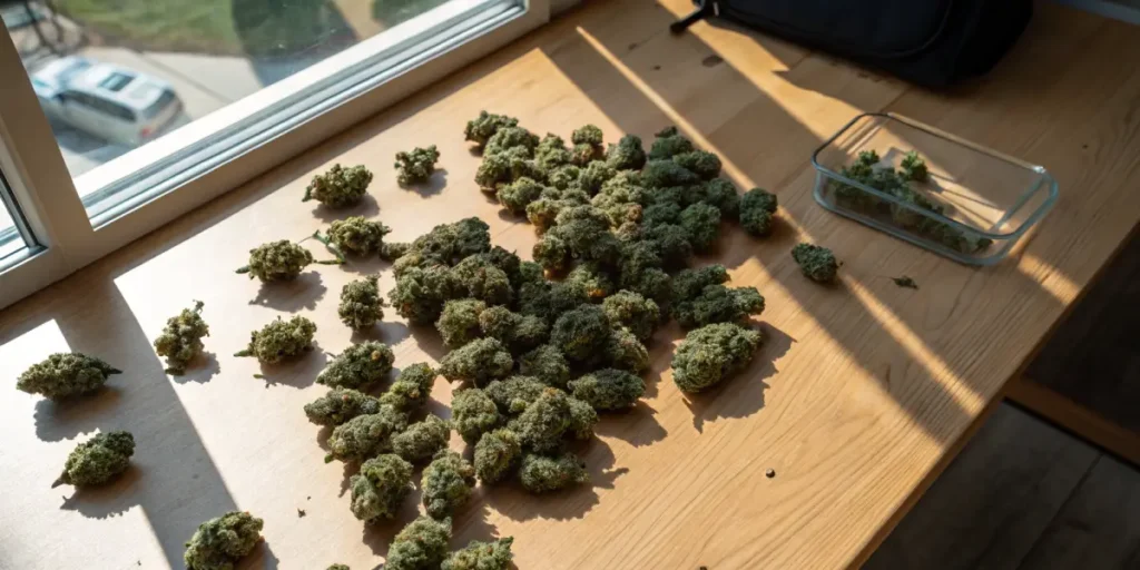 Cannabis buds scattered on a wooden surface near a window drying in sunlight.