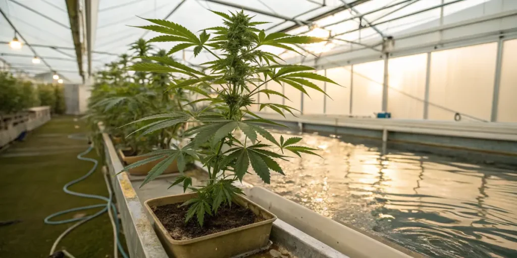 Cannabis plant growing in hydroponic greenhouse with water reservoir system.