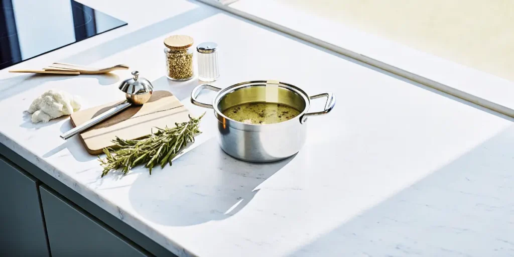 Stainless steel pot with cannabis-infused butter melting on a modern kitchen countertop alongside fresh herbs and cooking utensils.