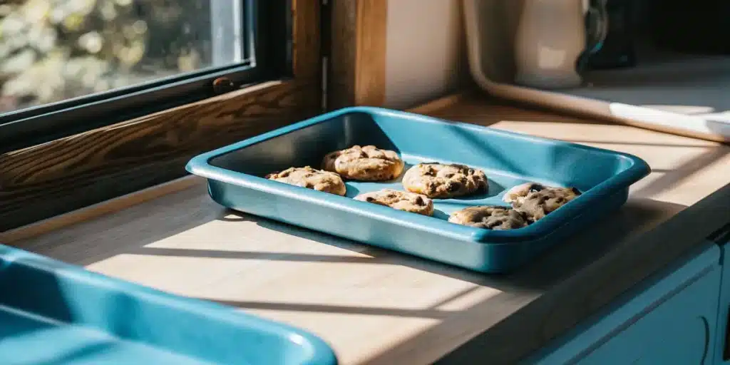 Cannabis-infused chocolate chip cookies cooling in a blue baking tray on a sunlit kitchen countertop.