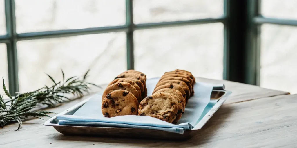 Cannabis-infused chocolate chip cookies neatly arranged on a metal tray near a sunlit window with a cannabis leaf beside them.