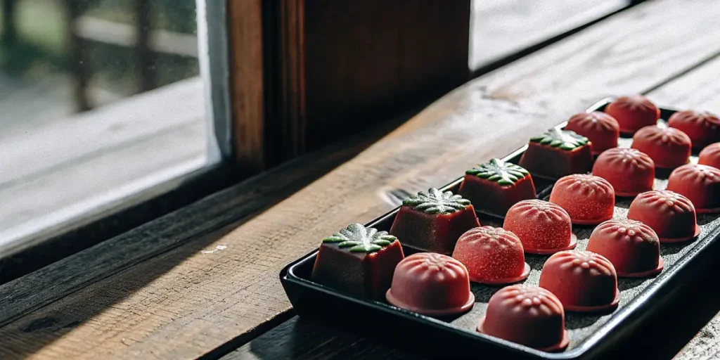 Close-up of cannabis-infused molded chocolate edibles arranged in a tray near a window with natural sunlight.