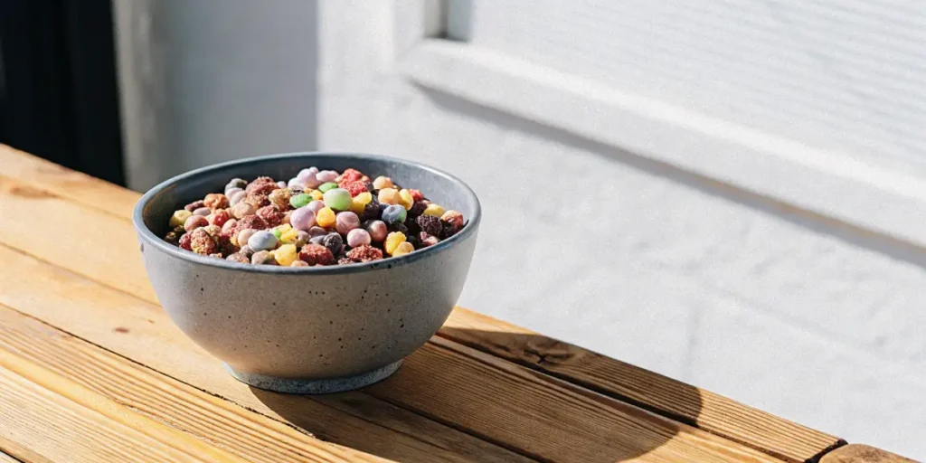 Cannabis-infused colorful cereal mix in a ceramic bowl placed on a wooden table near a sunlit window.