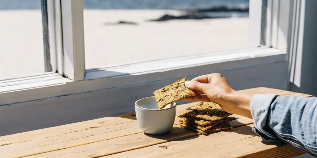 Hand dipping a cannabis-infused cracker into a cup beside a stack of crispy weed crackers on a wooden table near a bright window.