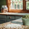 Cannabis-infused edible bud displayed on a kitchen counter with sugar pearls and natural light.
