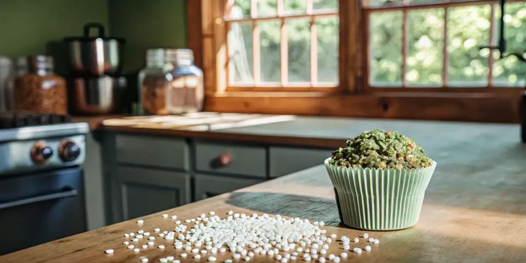 Cannabis-infused edible bud displayed on a kitchen counter with sugar pearls and natural light.