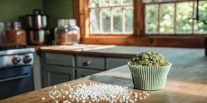 Cannabis-infused edible bud displayed on a kitchen counter with sugar pearls and natural light.