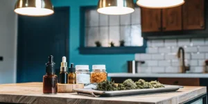 A rustic kitchen scene featuring homemade cannabis infusions, dried herbs, and preserved ingredients, showcasing small-batch preparation and artisanal cannabis processing.