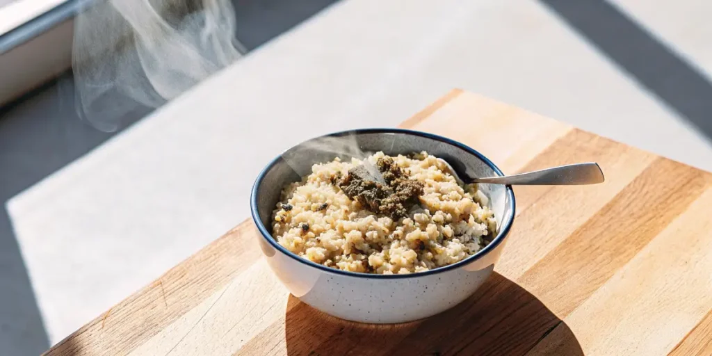 Steaming bowl of cannabis-infused rice topped with ground flower on a wooden cutting board near a sunlit window.