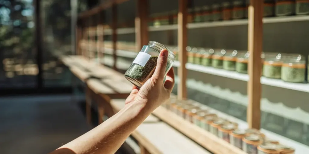 Hand holding a labeled glass jar of cannabis buds inside a controlled indoor curing and storage facility.