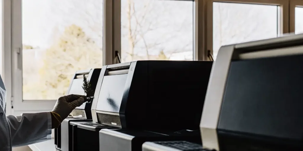 A laboratory technician analyzes a cannabis sample using an automated testing machine, highlighting modern quality control, genetic screening, and precision analysis in cannabis research facilities.