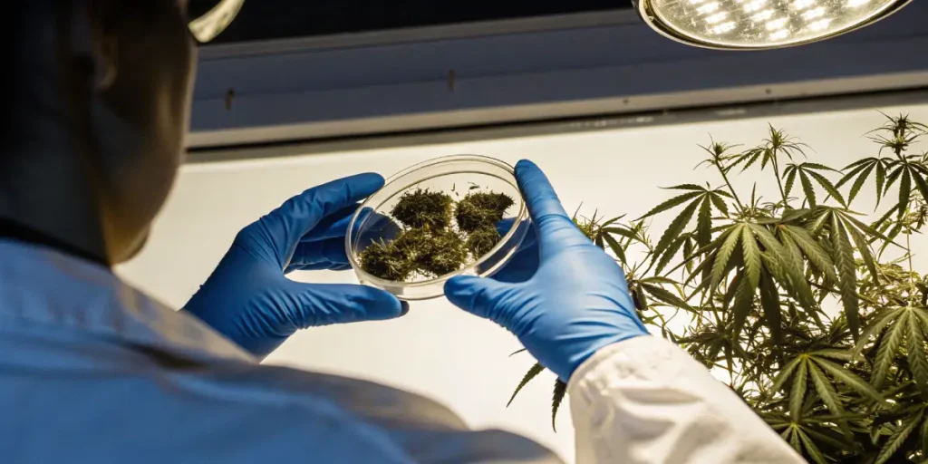Scientist wearing blue gloves examining cannabis buds in a petri dish under laboratory lighting next to a cannabis plant.