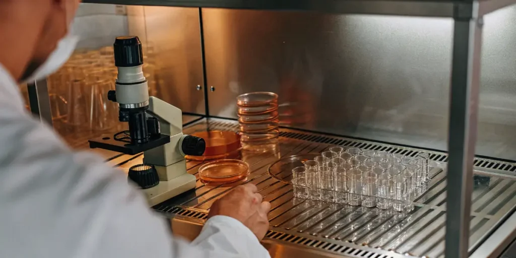 Cannabis laboratory setup with microscope, petri dishes, and sterile glassware for quality control testing