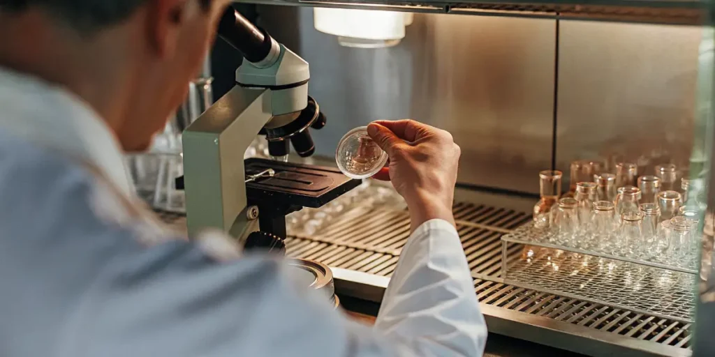 Scientist analyzing cannabis sample in a petri dish under a microscope inside a sterile laboratory environment