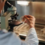 Scientist analyzing cannabis sample in a petri dish under a microscope inside a sterile laboratory environment