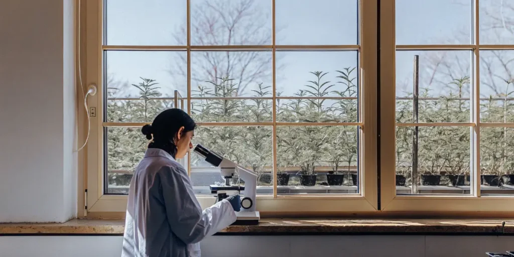 Scientist conducting cannabis research with a microscope inside a greenhouse laboratory.