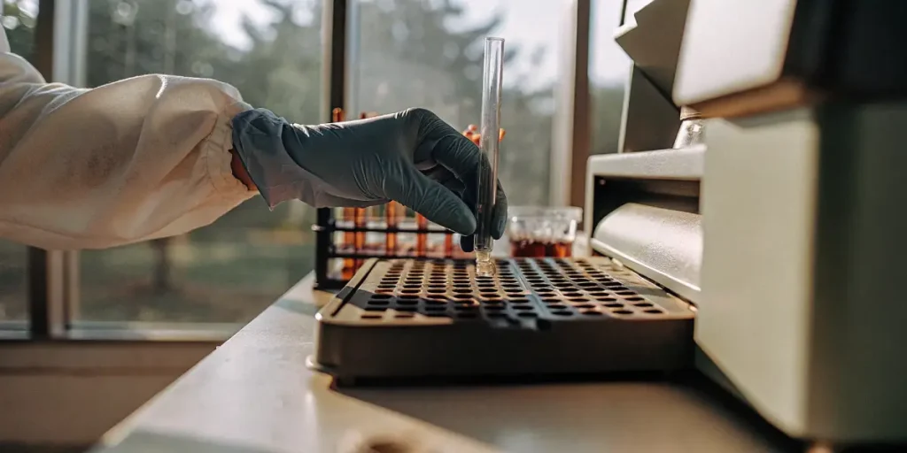 Gloved scientist placing a test tube into a laboratory analyzer for cannabis sample testing
