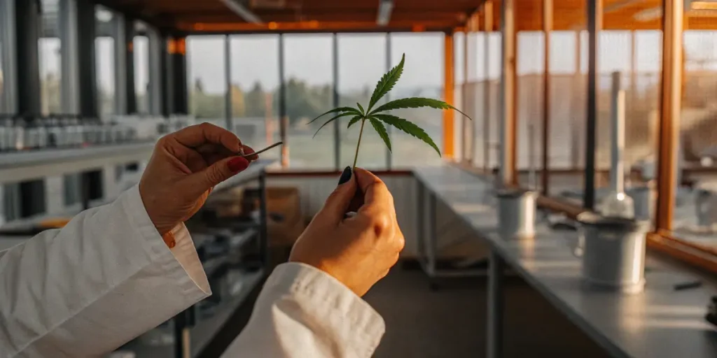 Scientist analyzing a cannabis leaf sample inside a modern research laboratory