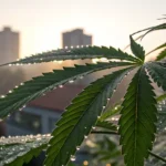 Cannabis leaf with morning dew drops against blurred city skyline at sunrise.
