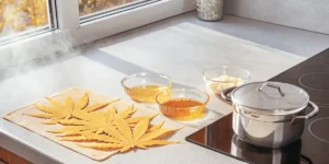 Cannabis leaves laid out on a cloth next to glass bowls and a saucepan during infusion preparation in a modern kitchen.