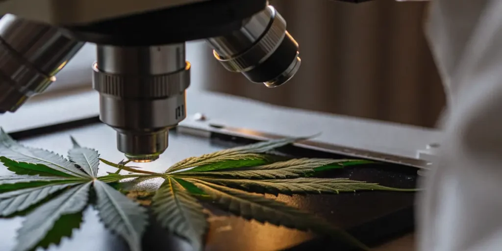 Fresh cannabis leaf analyzed under a microscope to observe leaf veins and surface details.