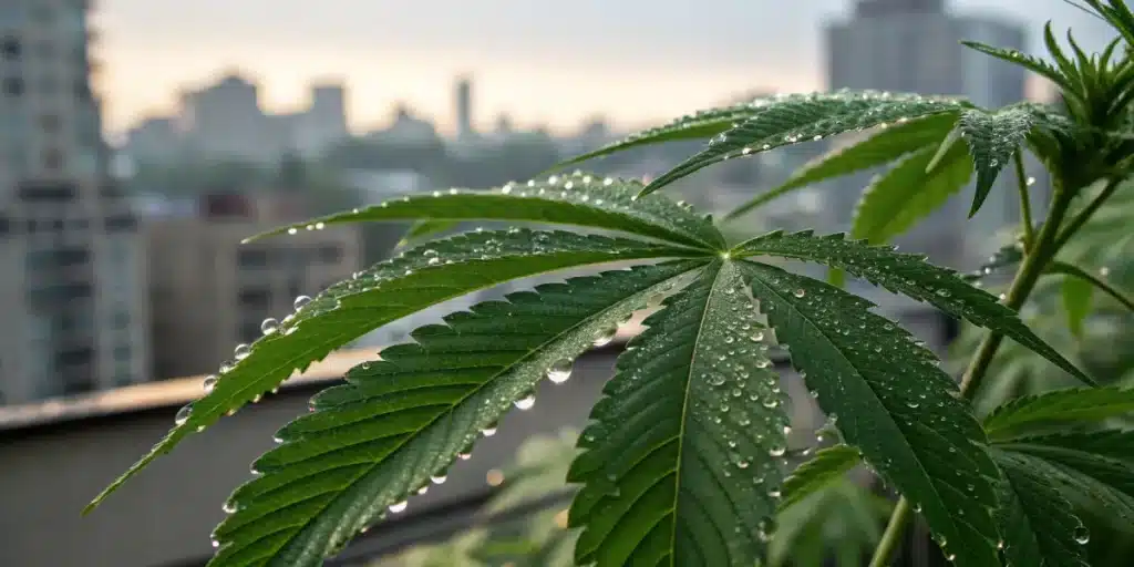 Close-up of cannabis leaf with water droplets and blurred city skyline in background.