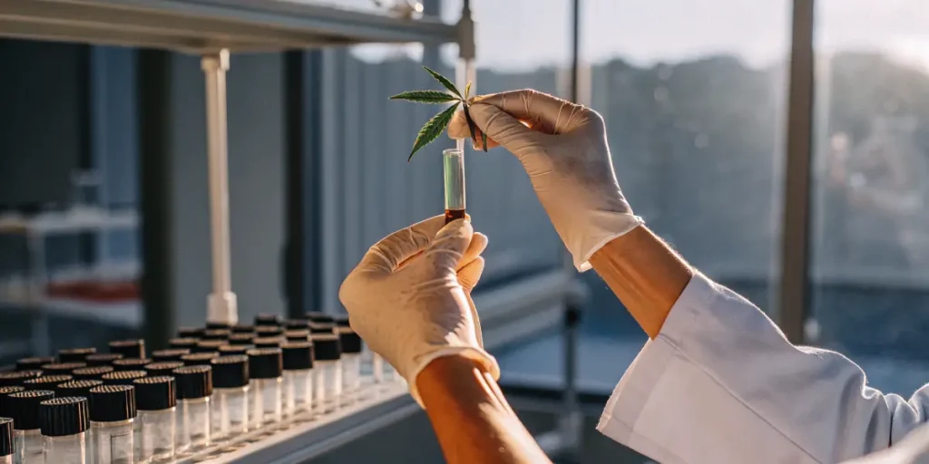 Scientist holding a cannabis leaf sample in a test tube during laboratory analysis.