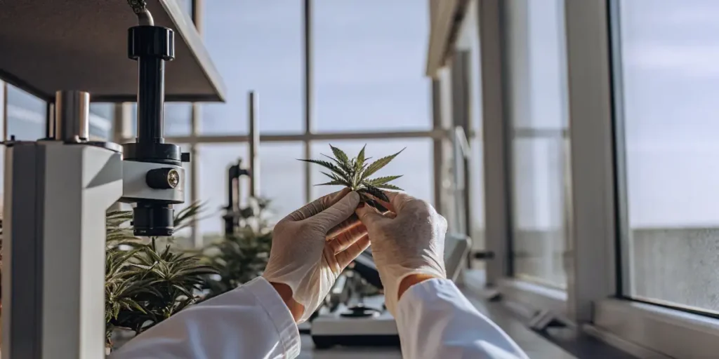 Hands wearing protective gloves carefully inspect a cannabis leaf sample inside a modern laboratory. This scene represents professional cannabis quality control, plant health assessment, and advanced research practices under controlled conditions.