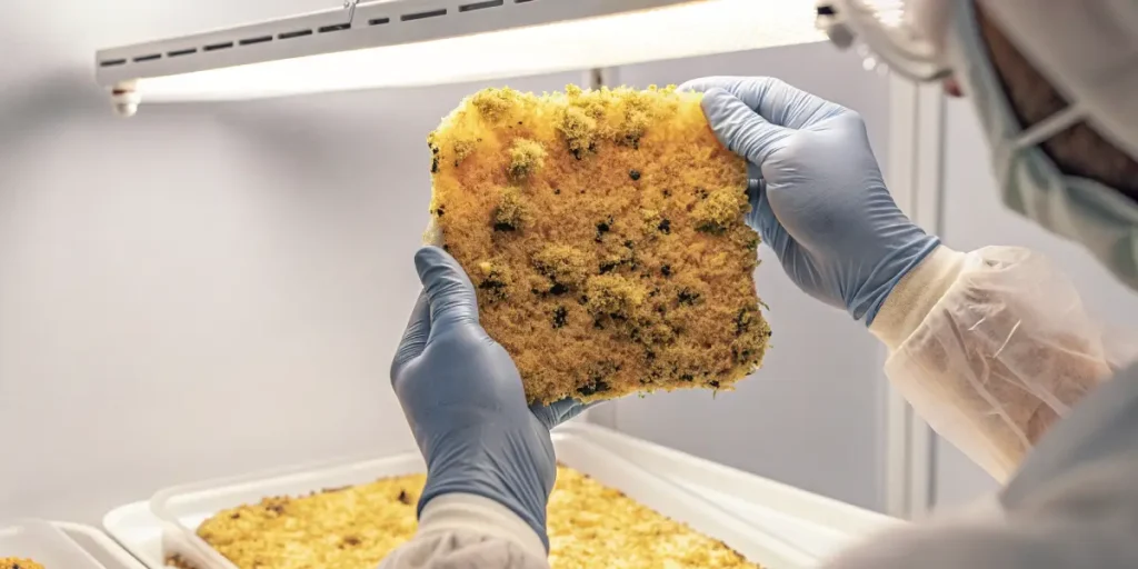 Laboratory technician inspecting a cannabis-infused product with visible mold contamination under controlled lighting conditions.