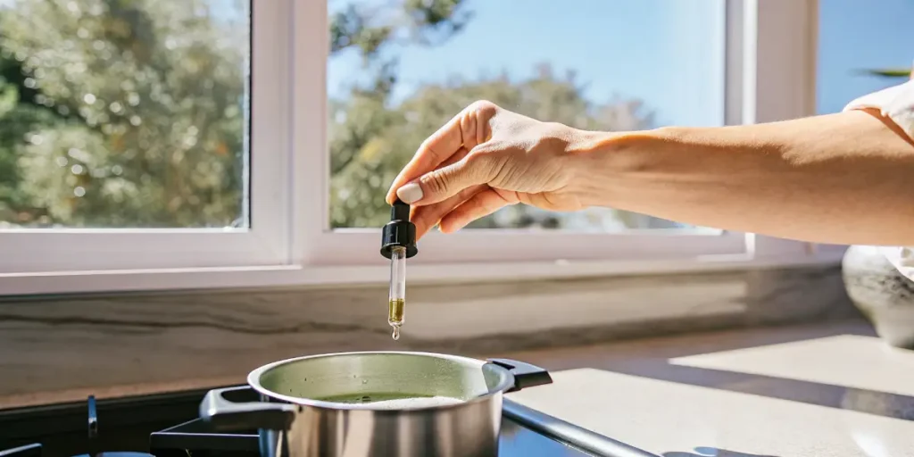 Cannabis oil being carefully added with a dropper to a pot on a kitchen stove