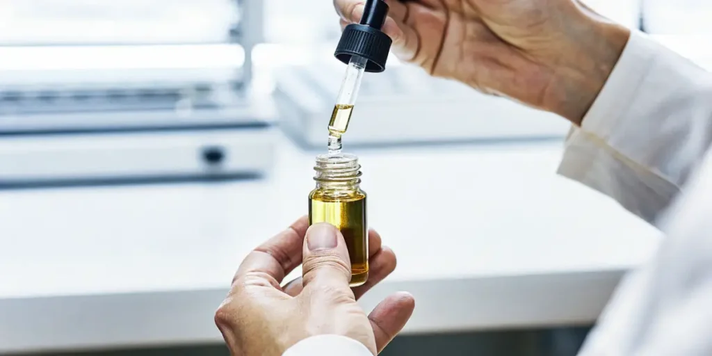 Cannabis oil being transferred with a dropper into a small glass bottle during laboratory processing.