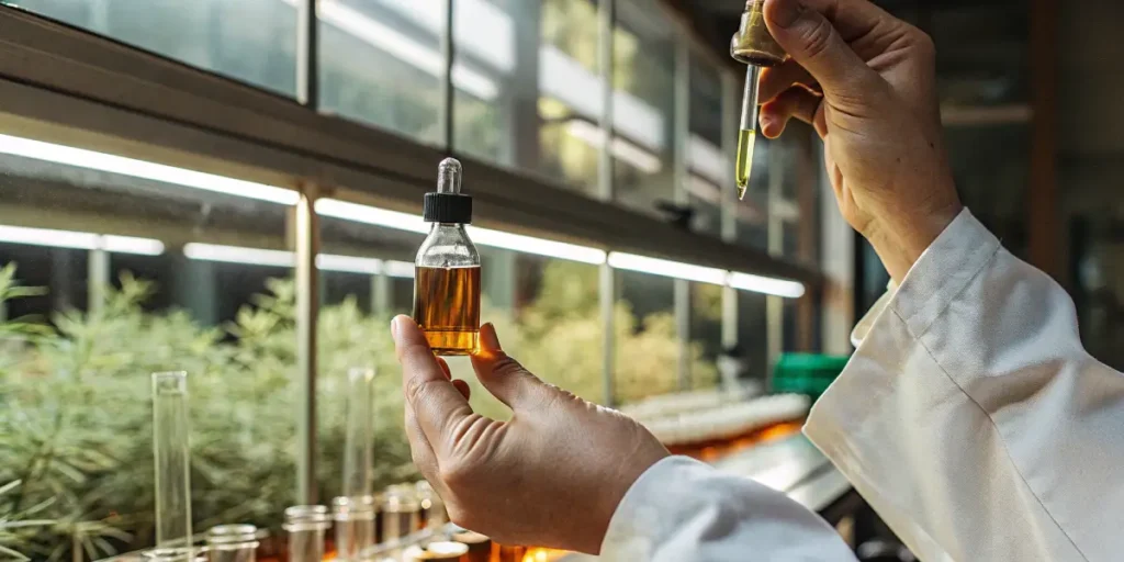 Laboratory specialist holding a bottle of cannabis oil while measuring dosage with a dropper in a greenhouse research facility