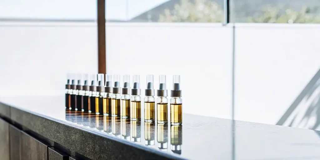Cannabis extract dropper bottles arranged in a row for quality testing
